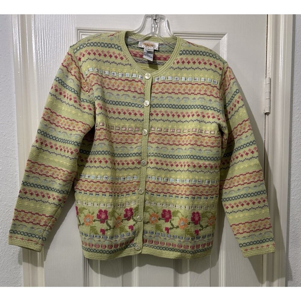 Talbots Petites Cardigan Size P/XS Floral Ribbon Light Green Preppy Colorful